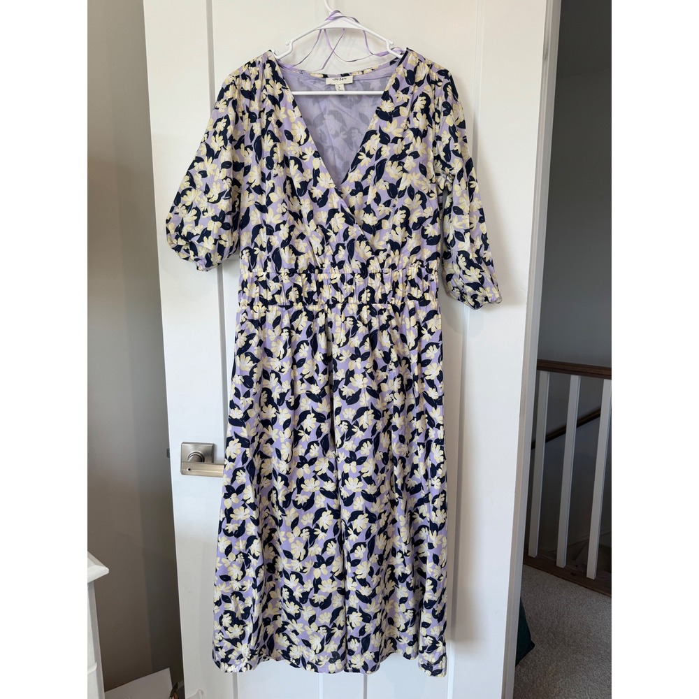 ON-34th Womens Floral Faux Wrap Midi Dress Purple Yellow Smocked Waist Large